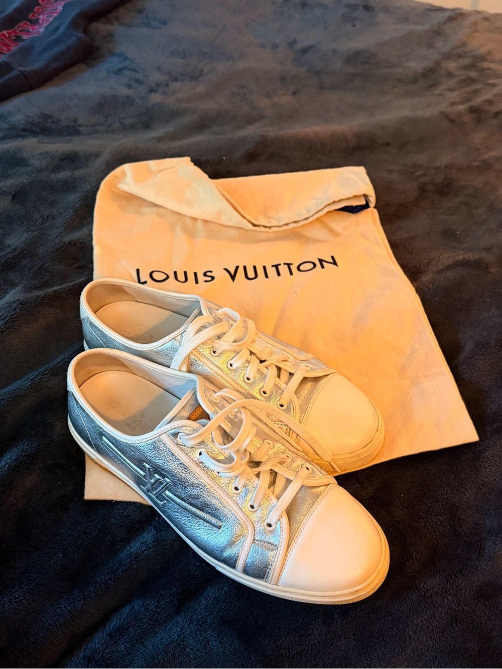 Louis Vuitton Metallic Silver and White Low-Top Sneakers - Women's